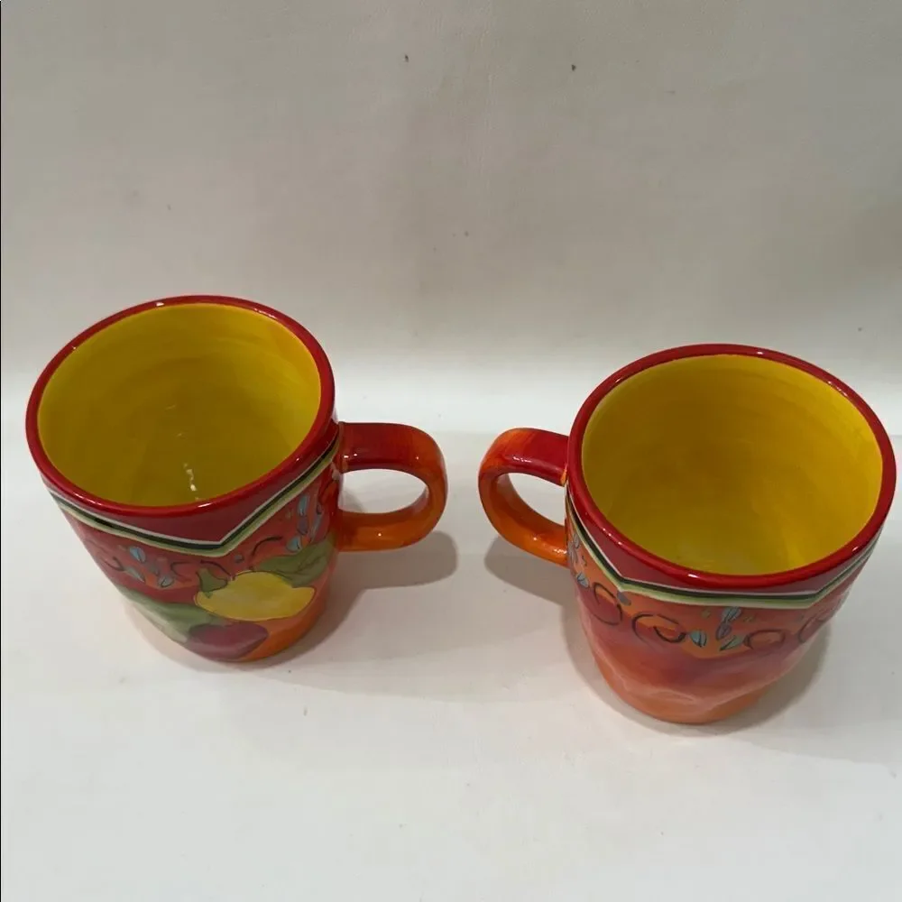 Pier 1 Vibrant Pasilla Red Yellow  2 Mug Set Vintage Pepper Design 3 In Round